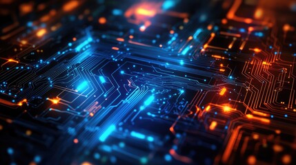 Fototapeta premium Abstract background featuring complex digital circuits and neon highlights, representing modern technology and connectivity