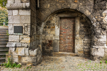The Ponttor (known as Bruckenpforte or Bruckenthor in XVII -XVIII centuries) - one of the two remaining gates of the original medieval wall of Aachen, North Rhine-Westphalia, Germany.