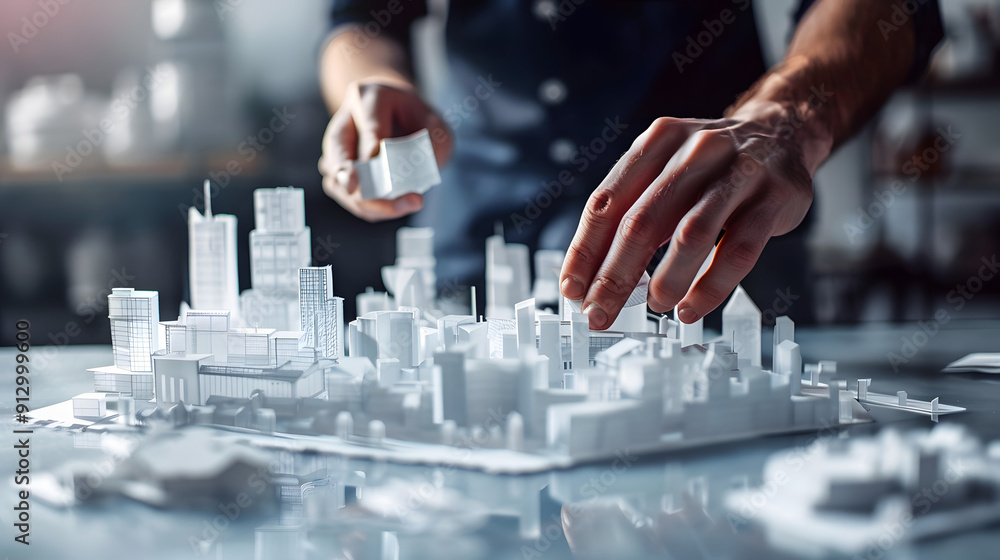 Poster a person is building an architectural model of the city on paper. a close-up view of the hand moveme
