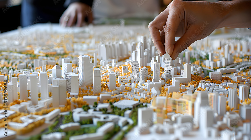 Aufkleber a person is building an architectural model of the city on paper. a close-up view of the hand moveme