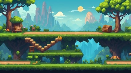 Game assets background RPG Gaming Battle Scene Beautiful day in Pixel 8bits 16bits 32 bits