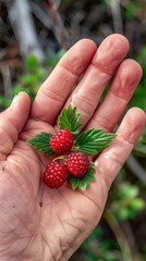 Hand Holding Ripe Red Raspberries with Green Leaves.