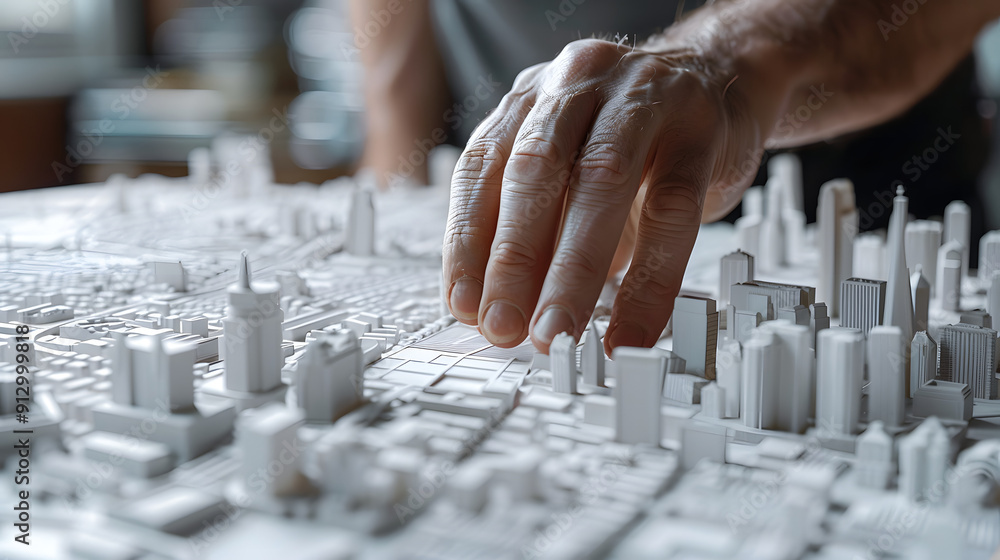 Poster a person is building an architectural model of the city on paper. a close-up view of the hand moveme