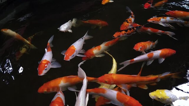 Close up of colorful Koi fishes or Japanese Koi carp swimming in the healthy lake. Koi finding for food.