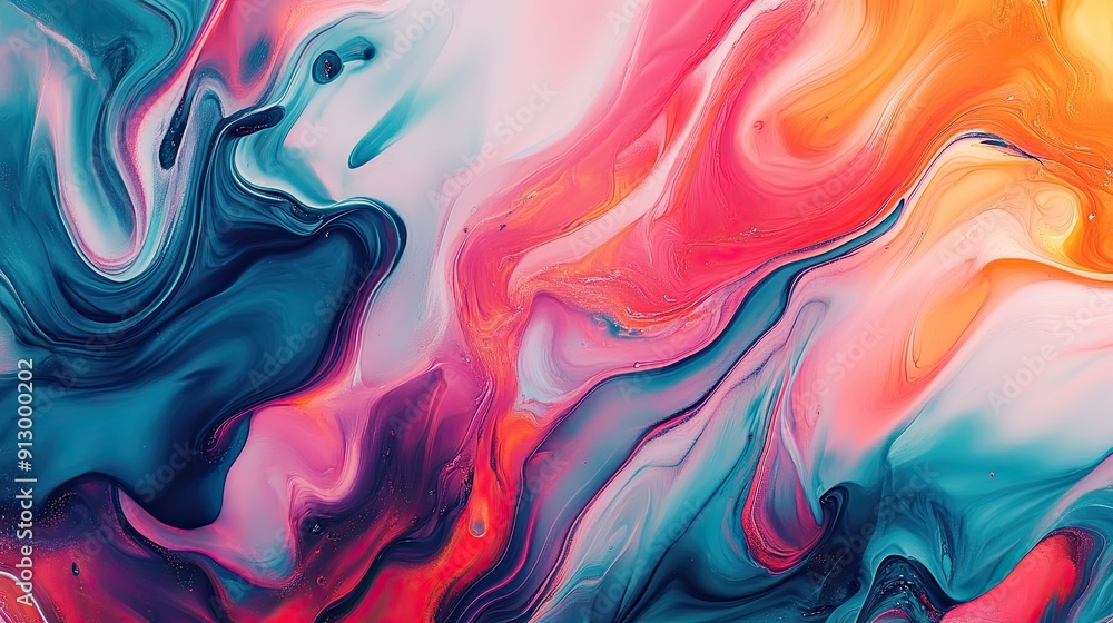 Poster abstract background with flowing ink patterns and bright contrasting colors, evoking a sense of flui