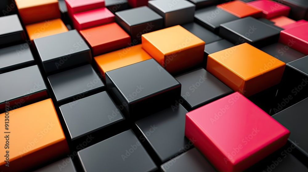 Poster 3d geometric blocks arranged in an abstract pattern on a black background.