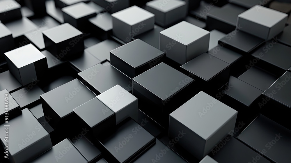 Poster 3d geometric blocks arranged in an abstract pattern on a black background.