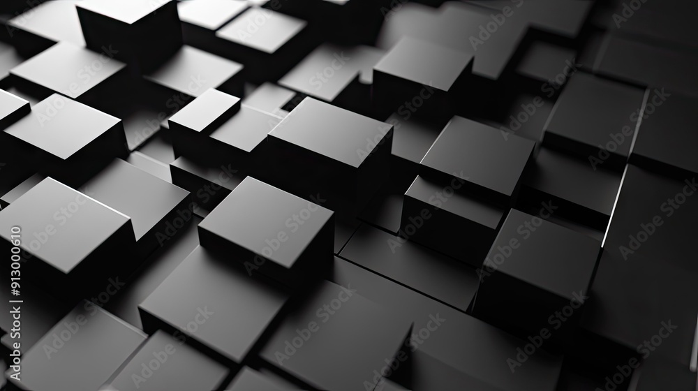 Poster 3d rendered geometric blocks creating an abstract pattern on a black background.