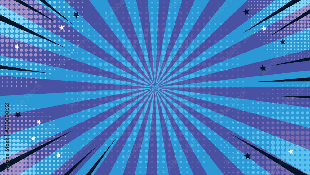 Fototapete Modern pop art in the style of an abstract comic. The bright background resembles a retro style, combining sun rays and explosive elements. Bright colors emphasize its advertising character.