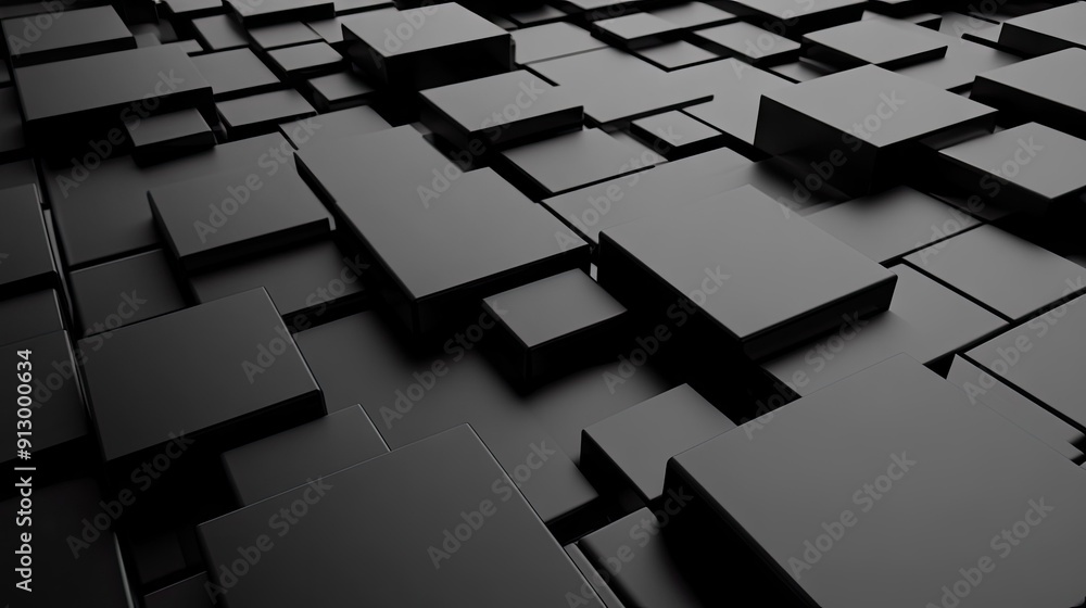 Poster 3d rendered geometric blocks creating an abstract pattern on a black background.