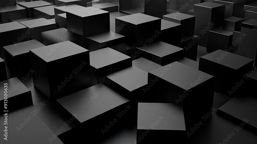 Poster 3d rendered geometric blocks creating an abstract pattern on a black background.
