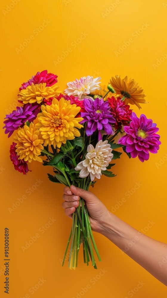 Poster Hand holding a bouquet of colorful flowers on a yellow background.