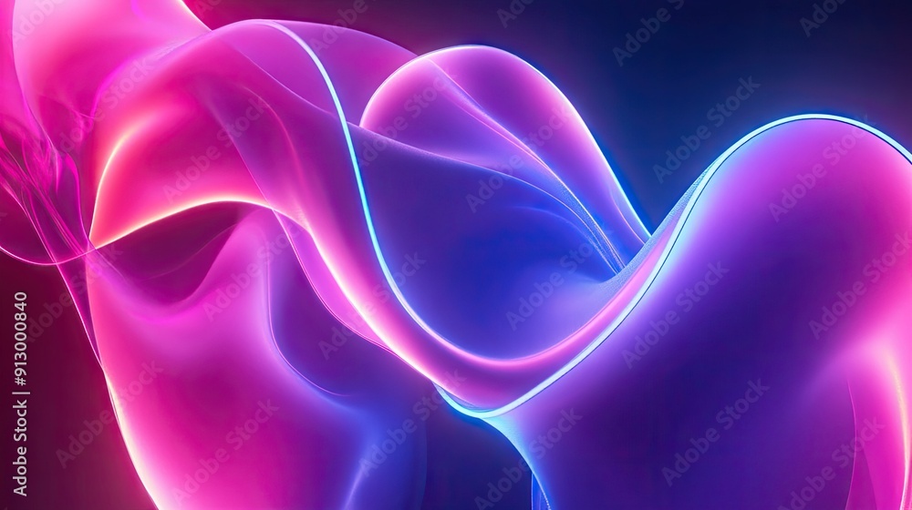 Poster 3d rendering of an abstract shape glowing in ultraviolet with neon lines on a colorful background.