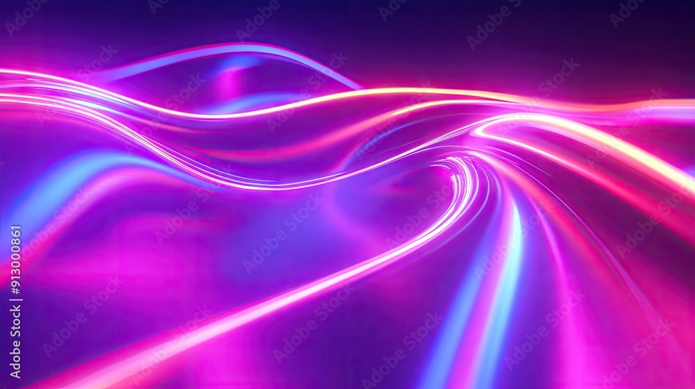 Poster 3d rendering of an abstract shape glowing in ultraviolet with neon lines on a colorful background.