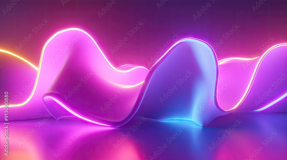Poster 3d rendering of an abstract shape glowing in ultraviolet with neon lines on a colorful background.