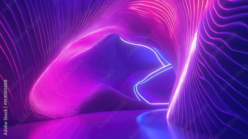 Poster 3d rendering of an abstract shape glowing in ultraviolet with neon lines on a colorful background.
