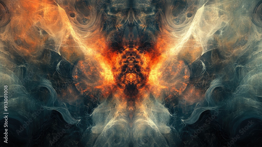 Poster abstract background with intricate, symmetrical designs and contrasting hues, evoking a sense of com