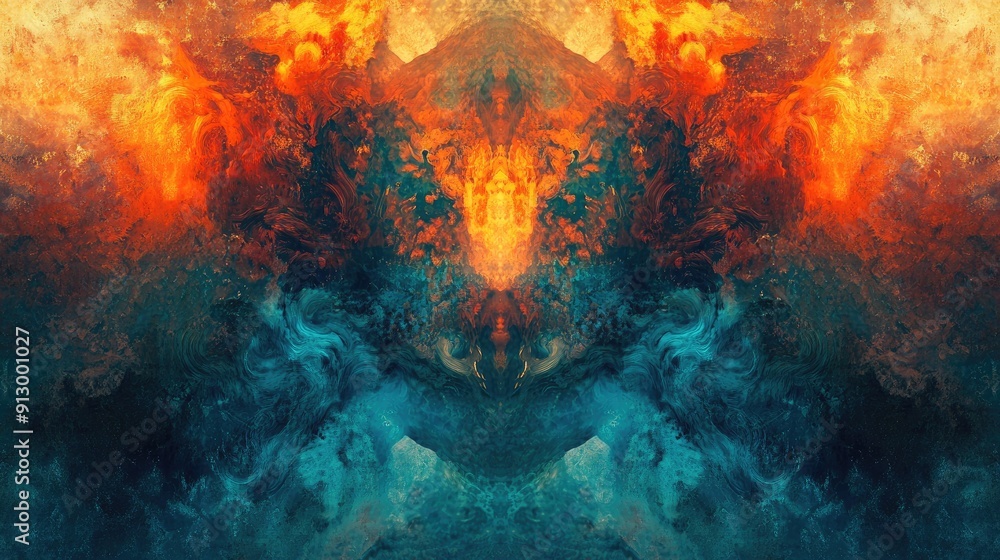 Poster abstract background with intricate, symmetrical designs and contrasting hues, evoking a sense of com