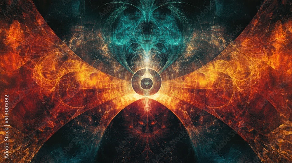 Poster abstract background with intricate, symmetrical designs and contrasting hues, evoking a sense of com