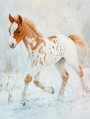 A playful foal with chestnut spots prances through a snowy landscape.