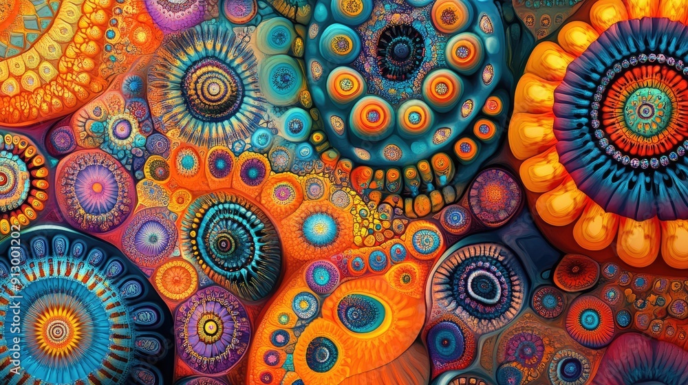 Poster abstract background with kaleidoscopic patterns and vibrant colors, evoking a sense of psychedelic a