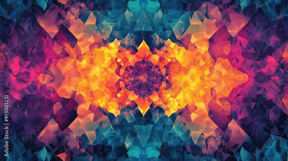 Poster abstract background with kaleidoscopic patterns and vibrant colors, evoking a sense of psychedelic a