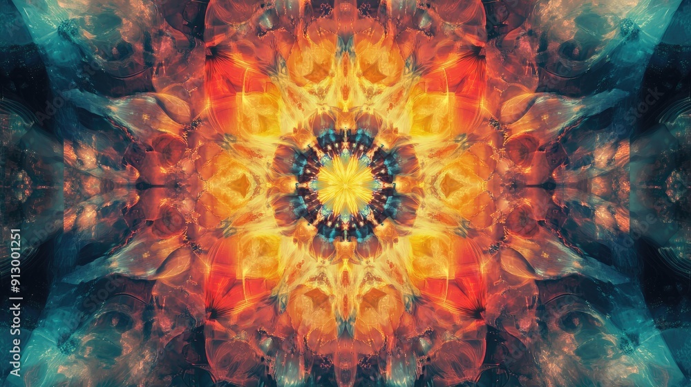 Poster abstract background with kaleidoscopic patterns and vibrant colors, evoking a sense of psychedelic a