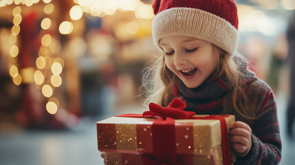 child opening a christmas present looking excited, shopping centre background, natural light