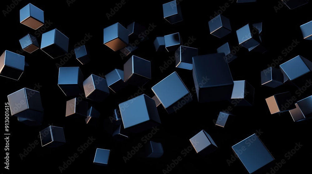 Poster abstract 3d geometric blocks floating on a black backdrop. perfect for tech visuals.