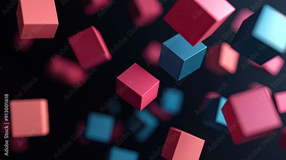 Poster abstract 3d geometric blocks floating on a black backdrop. perfect for tech visuals.