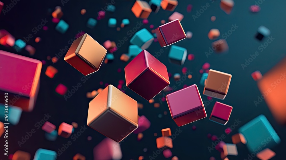 Poster abstract 3d geometric blocks floating on a dark backdrop. futuristic design.