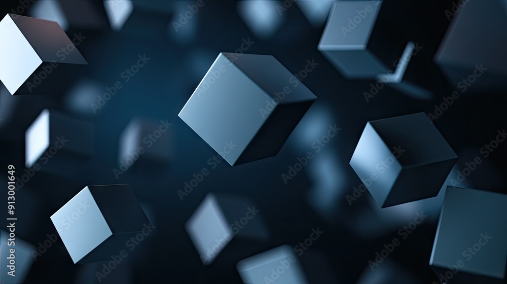 Poster abstract 3d geometric blocks floating on a dark backdrop. futuristic design.