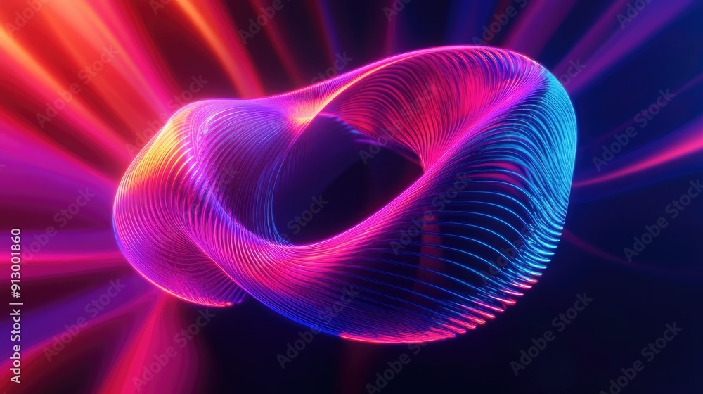 Poster abstract 3d render of a uv glowing shape with neon curves on a dynamic, colorful background.