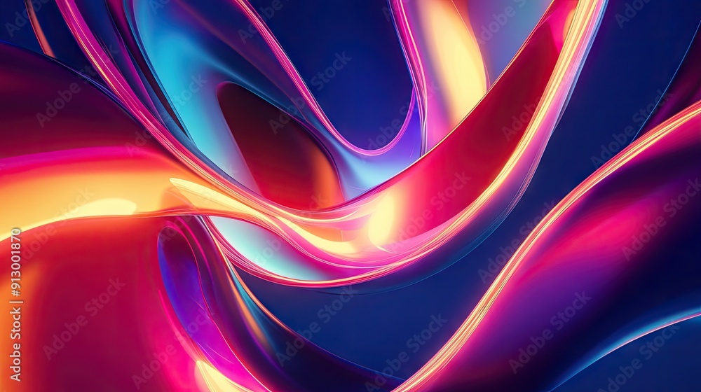Poster abstract 3d render of a uv glowing shape with neon curves on a dynamic, colorful background.