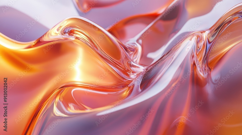 Poster abstract 3d render with bright glass and fluid wave gradient textures.