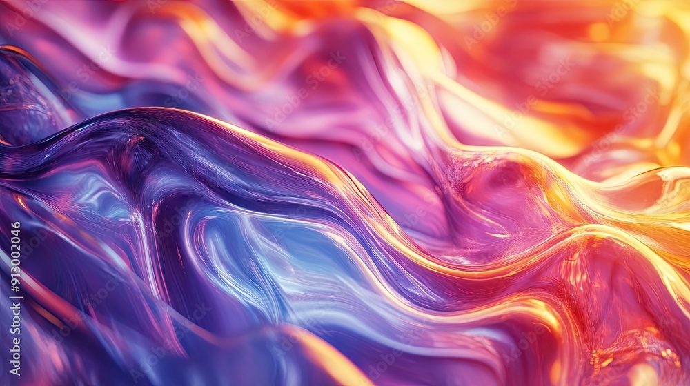 Poster abstract 3d render with bright glass and fluid wave gradient textures.