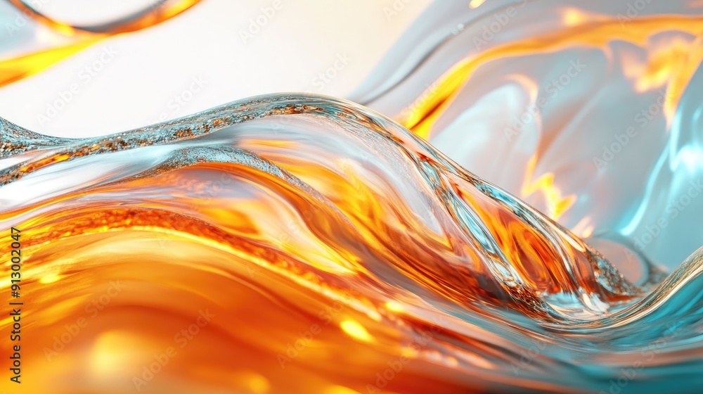 Poster abstract 3d render with bright glass and fluid wave gradient textures.