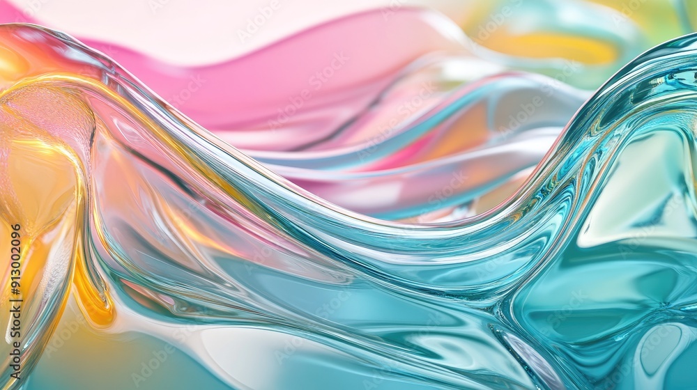 Poster abstract 3d render with bright glass and fluid wave gradient textures.