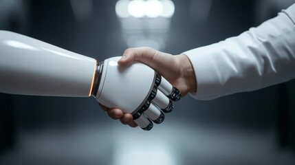 Future business, AI-human interaction, holographic meeting room, digital handshake