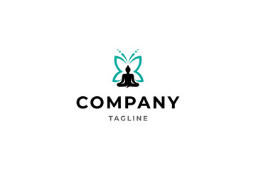 meditation yoga person logo with butterfly combination in flat vector design
