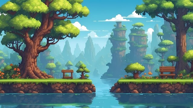 Game assets background RPG Gaming Battle Scene Beautiful day in Pixel 8bits 16bits 32 bits