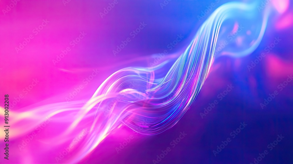 Poster abstract 3d shape emitting uv light with curvy neon lines against a dynamic colorful background.