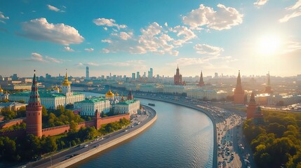 Obraz premium Moscow Skyline and Kremlin: Captivating aerial view of Moscow, showcasing the iconic Kremlin and a flowing river under a bright, clear sky, painting a picturesque scene of history and architecture.