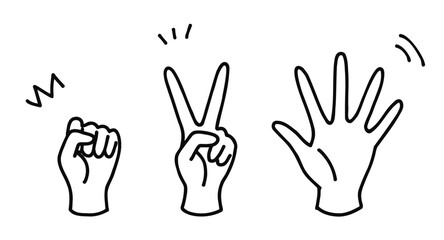 Black and white illustration of hand-drawn rock-paper-scissors