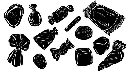 Collection of candy wrappers, showcasing various shapes and sizes for individual candies, vector illustration art