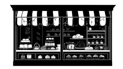 Traditional bakery window showcasing classic pastries and cakes, vector illustration art
