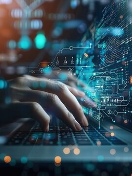 The close-up of a hand typing on a keyboard, AI software analyzing IT vendor risks on the screen, soft office background,