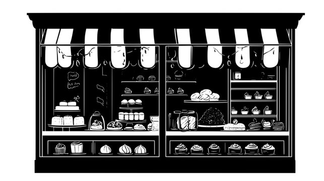 Traditional bakery window showcasing classic pastries and cakes, vector illustration art