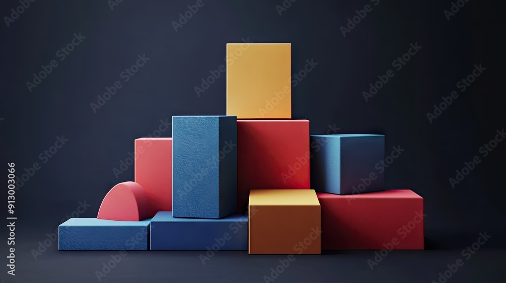 Poster abstract arrangement of geometric blocks in 3d render on a dark background.