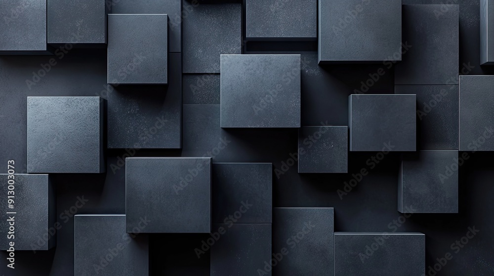 Poster abstract arrangement of geometric blocks in 3d render on a dark background.